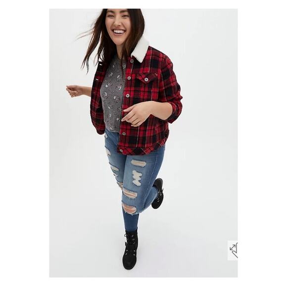 Torrid Red Plaid Brushed Twill&Faux Fur Collar Trucker Jacket Sz.4 - Picture 1 of 15